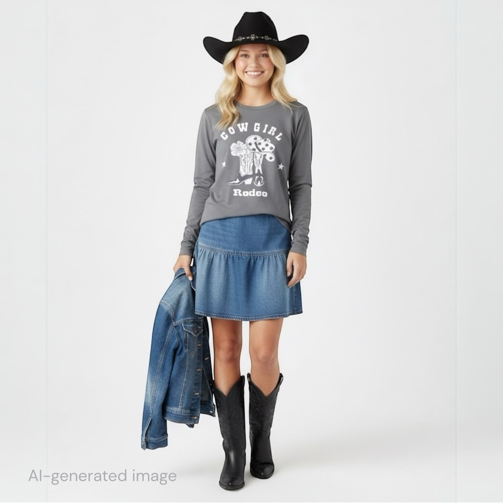 NWOT Cowgirl Rodeo Long Sleeve T-Shirt Women's M Dark Gray Western Boot Hat Star